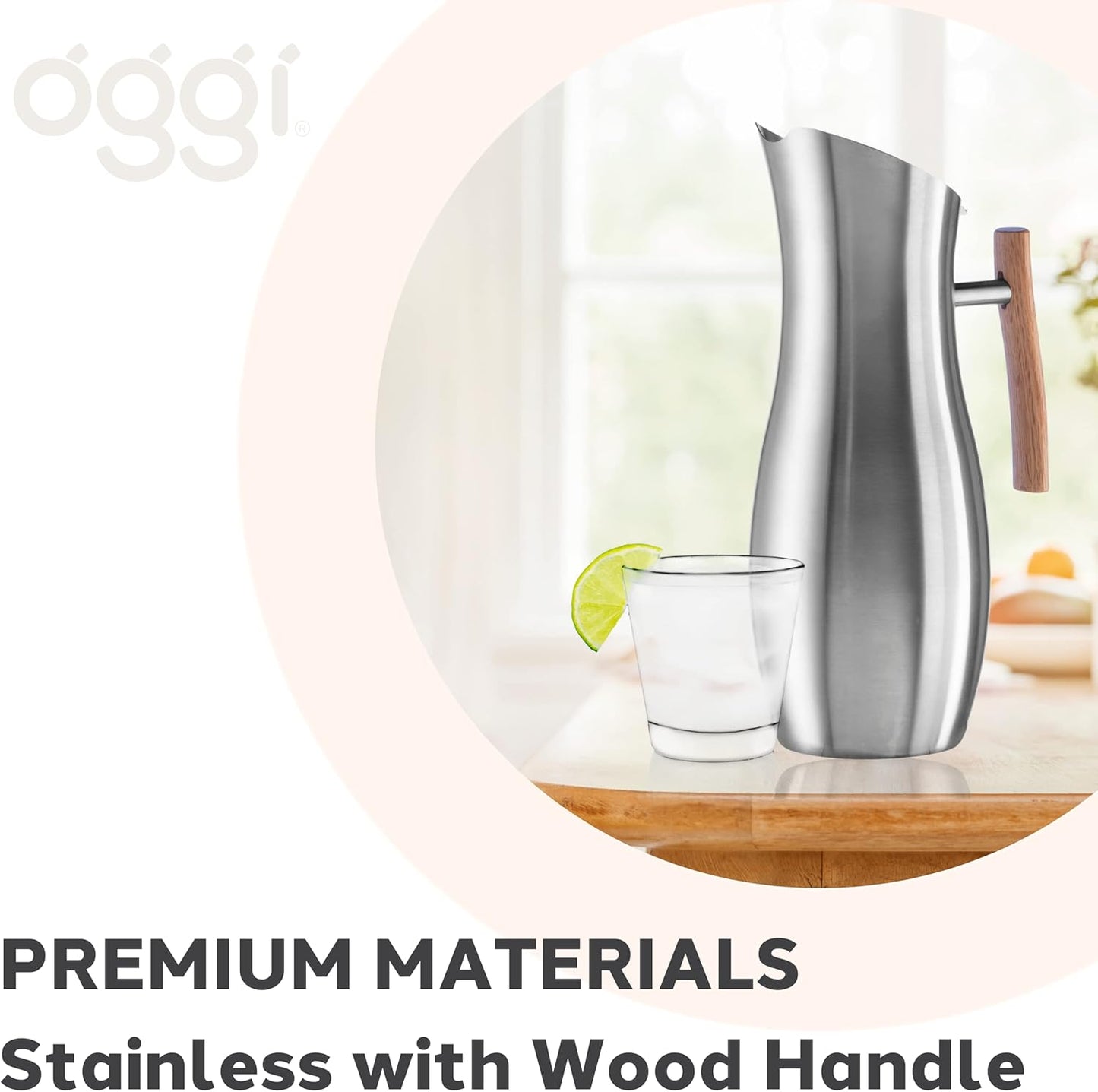 OGGI Slimline Stainless Steel Pitcher- Stainless Steel Water w/Ice Guard, Water Carafe, Great Metal Container for Entertaining, Ideal 68oz / 2 Lt Drink Pitcher