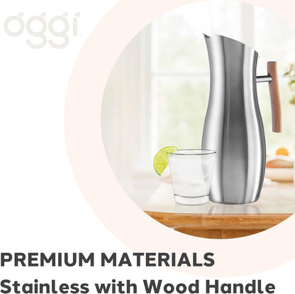 OGGI Slimline Stainless Steel Pitcher- Stainless Steel Water w/Ice Guard, Water Carafe, Great Metal Container for Entertaining, Ideal 68oz / 2 Lt Drink Pitcher