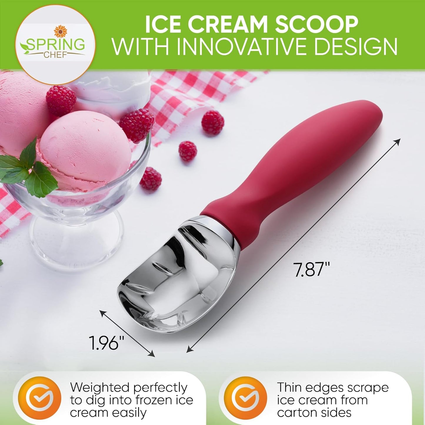 Spring Chef Heavy Duty Ice Cream Scoop - Soft Grip Handle, Metal Spoon for Gelato & Cookie Dough - Dishwasher Safe