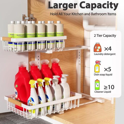 Liuoud Under Sink Organizer - 2 Pack Adjustable 2-Tier Storage for Kitchen & Bathroom Cabinets - White