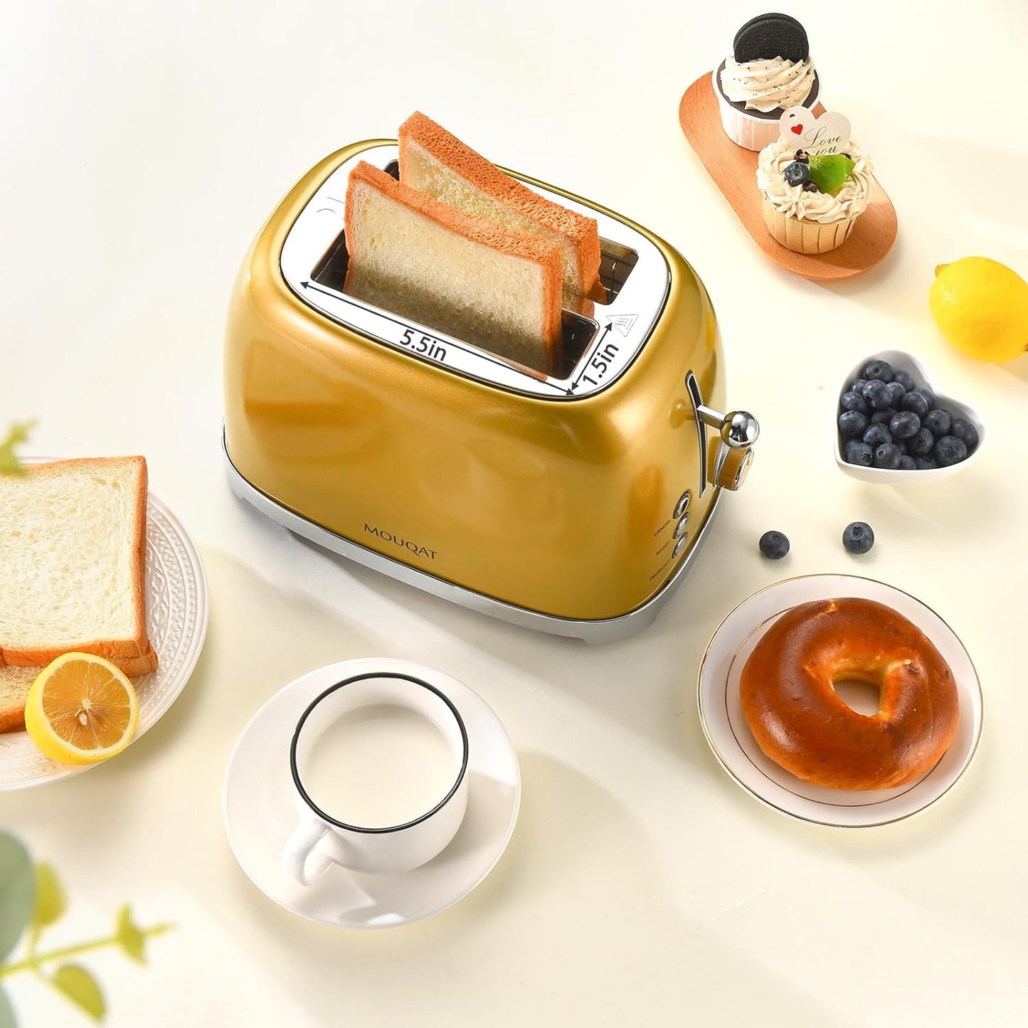 Skiennix Gold 2-Slice Toaster - Wide Slot Stainless Steel with 6 Shade Settings & Removable Crumb Tray