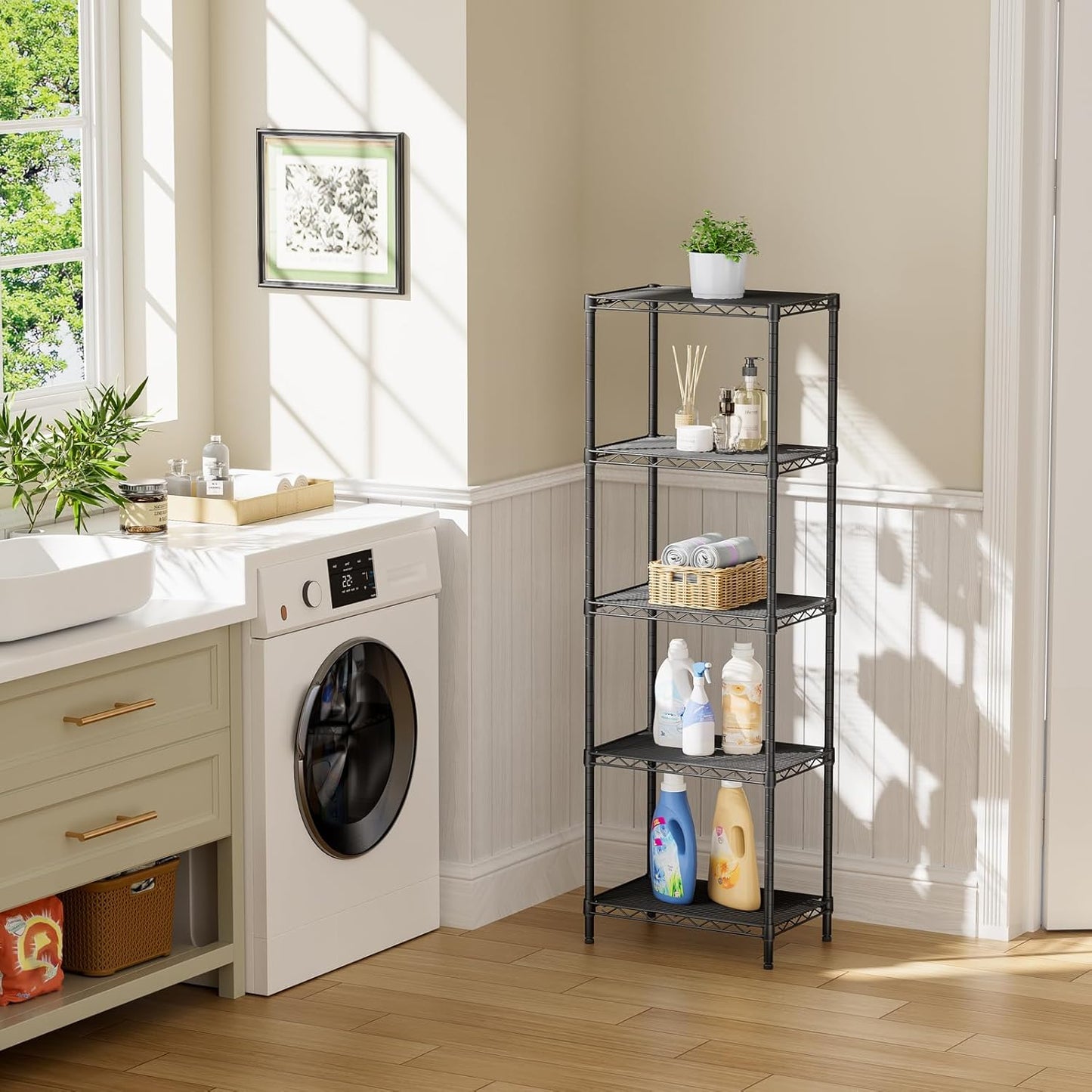 SINGAYE Metal Shelves - Adjustable Wire Shelving Unit for Kitchen, Laundry & Bathroom | 10" D x 16" W x 55" H - Black
