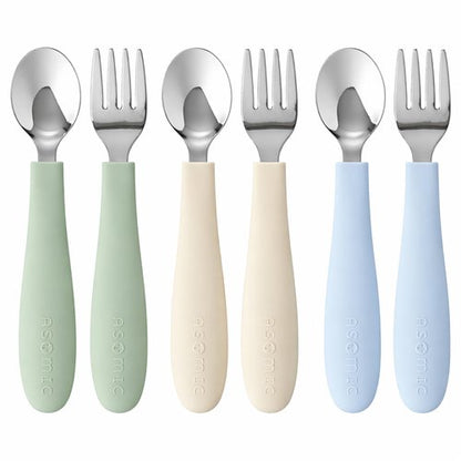 ASOMIC Toddler Utensils, 6-Piece Kids Silverware Set with Silicone Handles, 3 Forks & 3 Spoons, Premium 316 Stainless Steel, Dishwasher Safe (Sage/Sky Blue/Ivory)