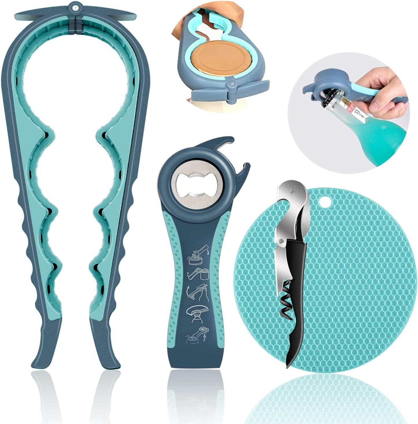 Skiennix Jar Opener - 5-in-1 Multi-Function Tool for Seniors with Arthritis | Non-Slip Grip, Blue