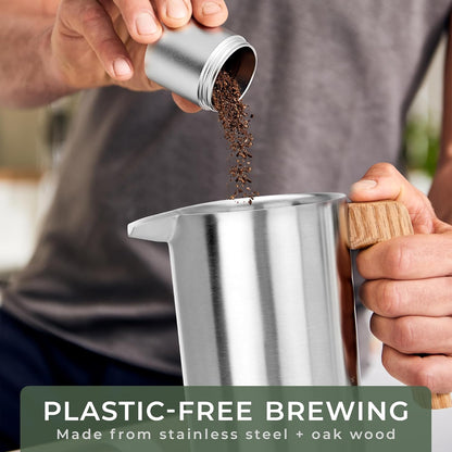 WALDWERK French Press Coffee Maker - 34 oz Non-Toxic Stainless Steel with Oak Wood Handle - Insulated Design
