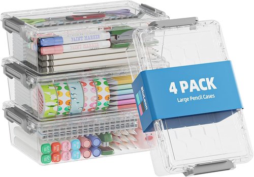 BiuLeon Extra Large Pencil Box Set - Clear Plastic Organizer for Art Supplies | Stackable Craft Storage (Grey)