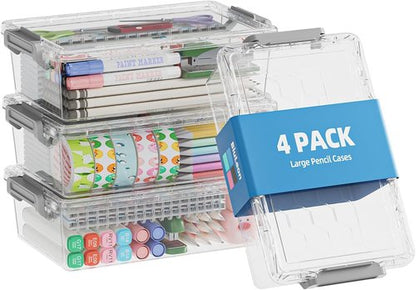BiuLeon Extra Large Pencil Box Set - Clear Plastic Organizer for Art Supplies | Stackable Craft Storage (Grey)