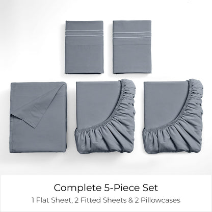 Mellanni Split King Sheets Set - 5 PC Iconic Collection Bedding - Hotel Luxury, Extra Soft, Cooling Bed Sheets - Wrinkle, Fade, Stain Resistant (Split King, Mineral Gray)