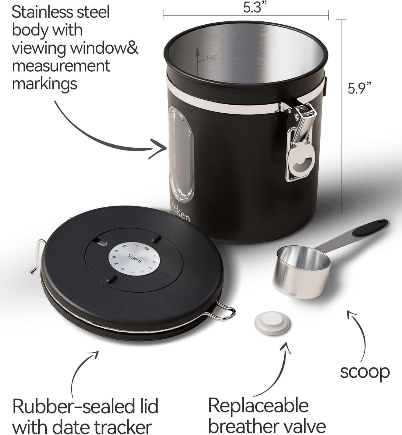 Veken Coffee Canister - Airtight Stainless Steel Storage with Window & Date Tracker | 16oz Black