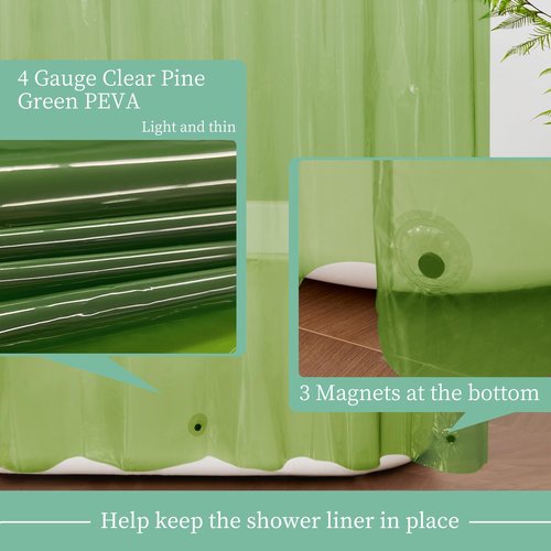Mrs Awesome Clear Green Shower Curtain Liner with 3 Magnets, 72x72 Premium Flexible Sturdy Plastic Shower Curtain for Bathroom Waterproof, Clear Green