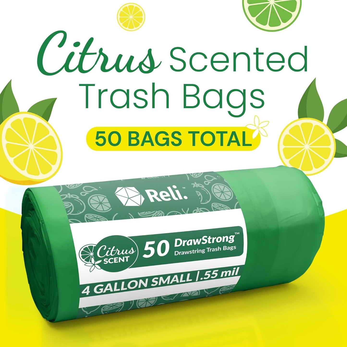 Reli. Drawstring Trash Bags - Citrus Scented 4 Gallon Liners | 50 Count | Ideal for Bathroom Use