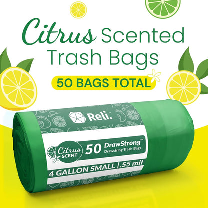 Reli. Drawstring Trash Bags - Citrus Scented 4 Gallon Liners | 50 Count | Ideal for Bathroom Use