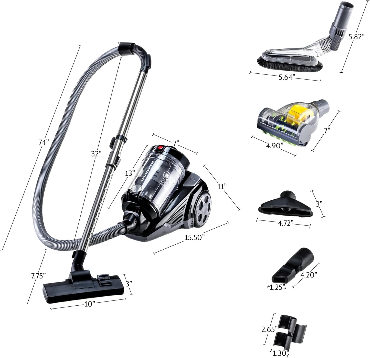 OVENTE Bagless Canister Vacuum Cleaner - Powerful 1400W Suction, 3L Dust Cup, Lightweight Design | Black