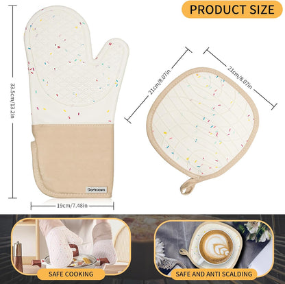 Skiennix Oven Mitts - Cute Heat Resistant Silicone Cooking Gloves | Washable, 500°F, Cream Color