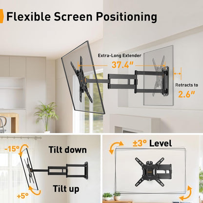 Perlegear Long Arm TV Wall Mount - Full Motion Bracket for 32-65" TVs | 37.4" Extension, Max VESA 400x400mm, Swivel & Tilt, Holds Up to 110 lbs