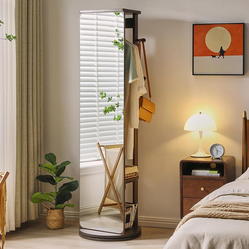 Full Length Mirror Coat Rack - 360° Rotating Standing Mirror with Storage (Variation: With Top)