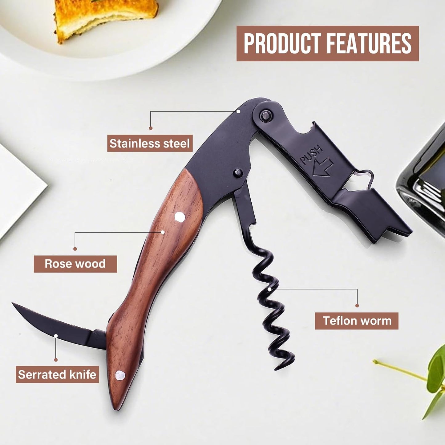 wine opener Professional Corkscrews for Wine Bottles w/Foil Cutter and Cap Remover - Manual Wine Key for Servers, Waiters, Bartenders and Home Use - Classic Rosewood
