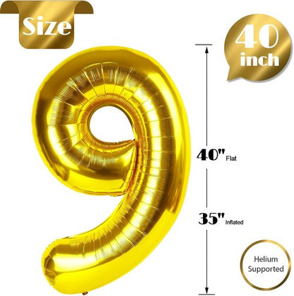 Gold Number 9 Balloon - 40 Inch Giant Foil Balloon for 9th Birthday Party Decorations