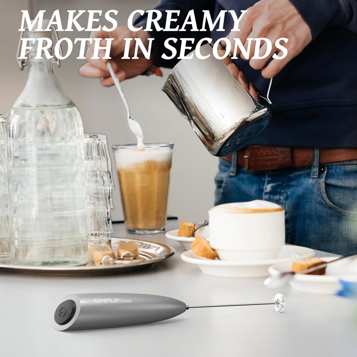 SIMPLETASTE Electric Milk Frother - Handheld Foam Maker with Stainless Steel Whisk for Cappuccino & Latte - Silver