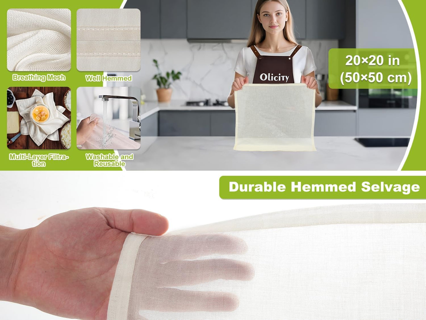 Olicity Cheese Cloths - 100% Cotton Reusable Fine Mesh Strainer | 4PCS, 20x20 Inch Hemmed Design