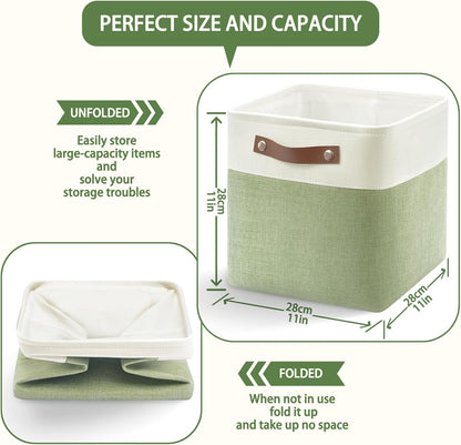 Patvingot Foldable Fabric Storage Cubes - Sturdy 11x11 Inch Organizer Bins with Leather Handles | White/Green 6-Pack