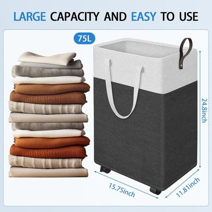 HomeHacks 75L Waterproof Rolling Laundry Hamper - Collapsible Clothes Basket with 4 Wheels | Easy-Clean PEVA Lining, Space-Saving Design (Gray)