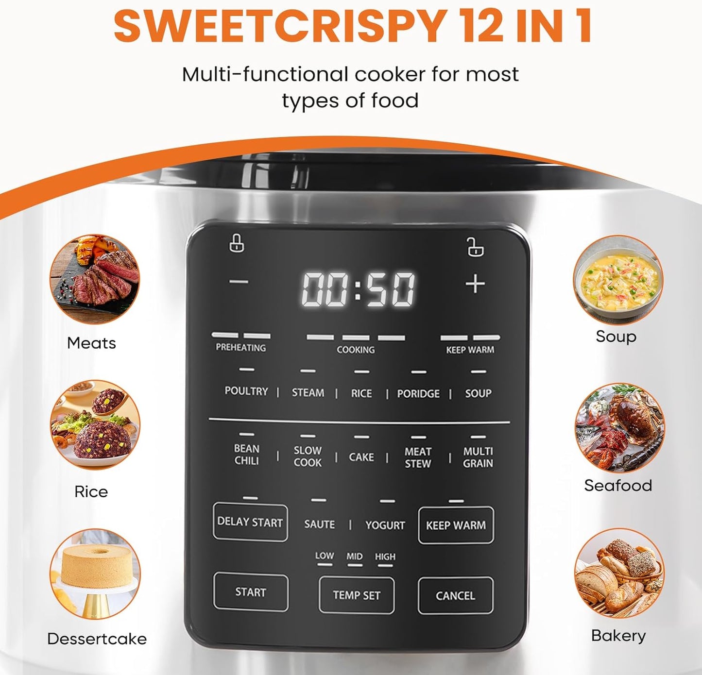 Sweetcrispy 6 QT Electric Pressure Cooker - 12-in-1 Multi-Function Digital Cooker | Stainless Steel Silver