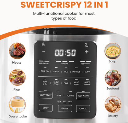Sweetcrispy 6 QT Electric Pressure Cooker - 12-in-1 Multi-Function Digital Cooker | Stainless Steel Silver