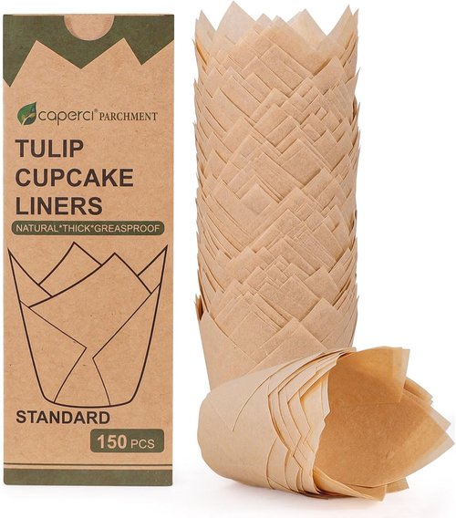 Caperci Natural Tulip Cupcake Liners - 150 Unbleached Parchment Baking Cups for Parties & Events