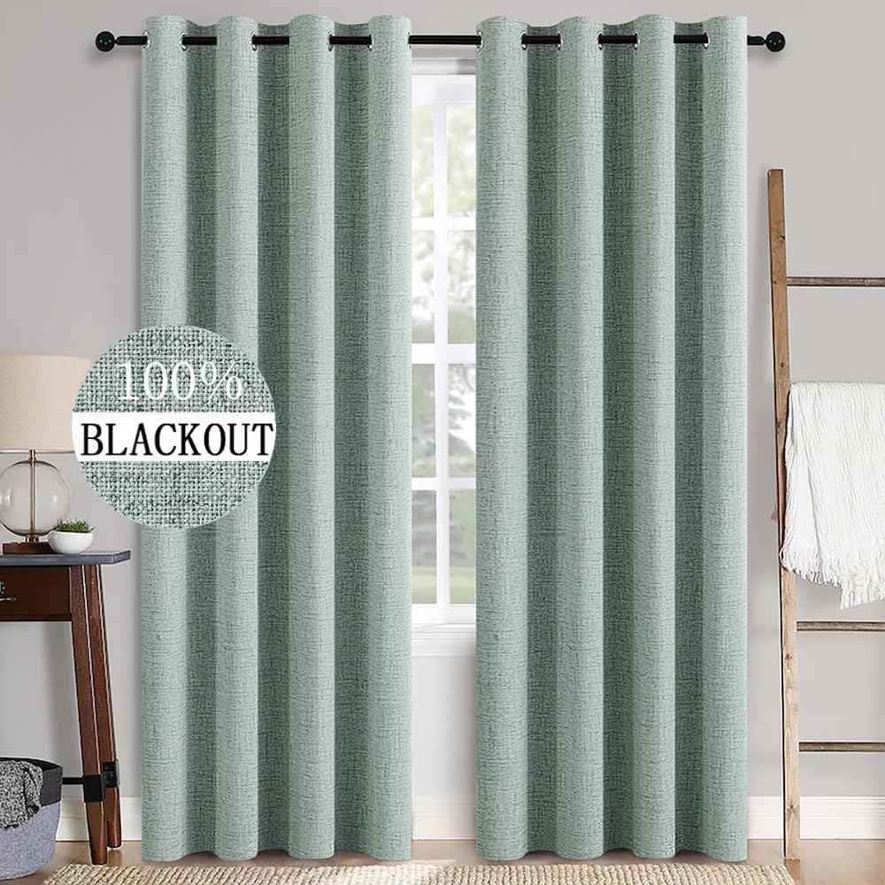 MIULEE Blackout Curtains - 100% Thermal Insulated Linen Texture Drapes | Seafoam Green, 52x84 Inch (2 Panels)