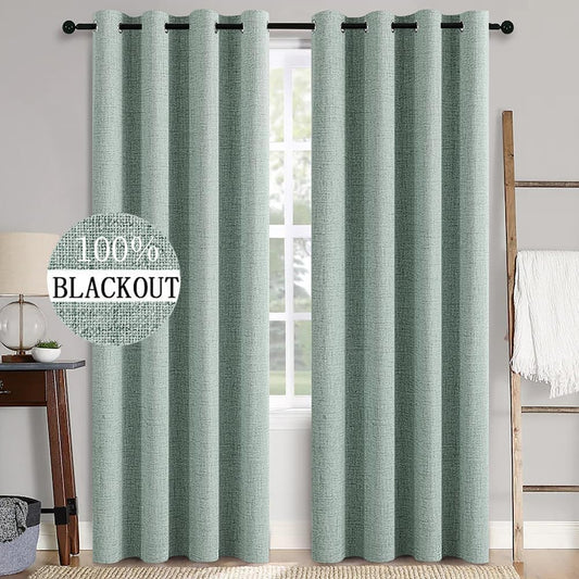 MIULEE Blackout Curtains - 100% Thermal Insulated Linen Texture Drapes | Seafoam Green, 52x84 Inch (2 Panels)