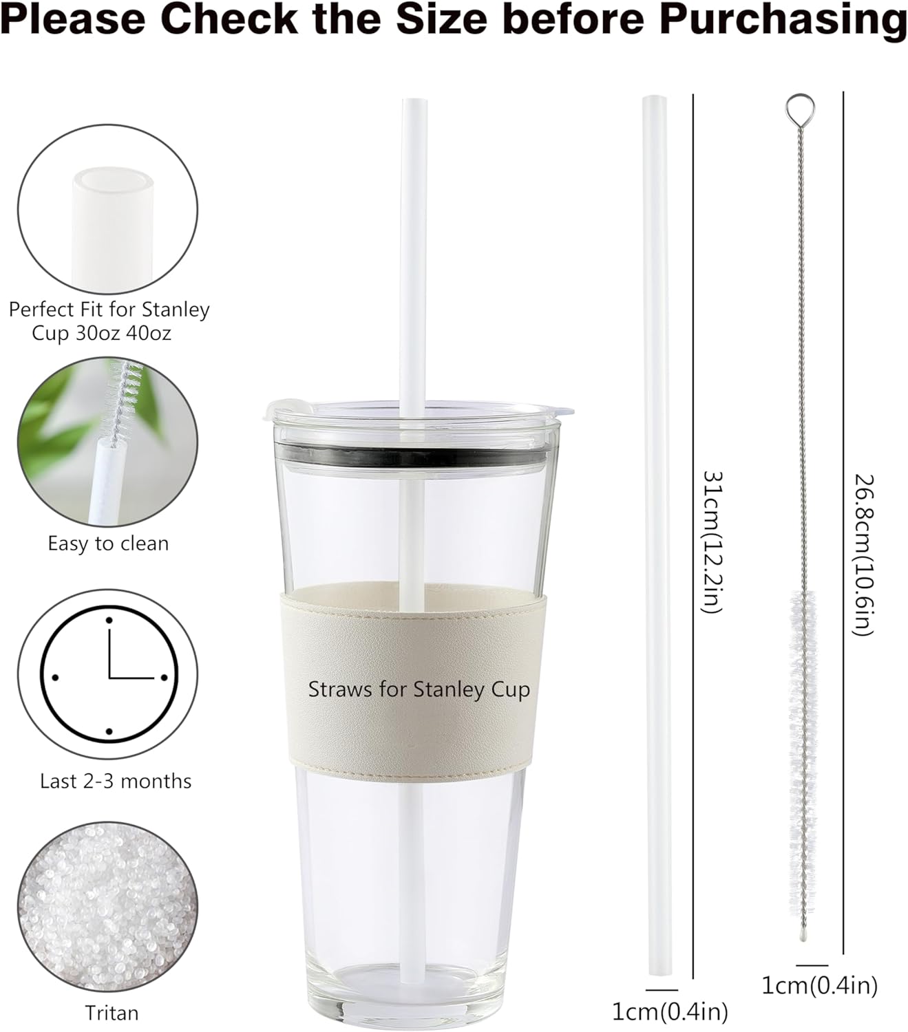 Stanley Cup Replacement Straws - 6 PCS Reusable 12-Inch Straws with Cleaning Brush | Dishwasher Safe