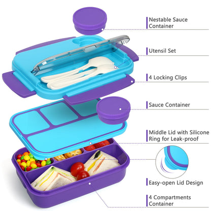 danliar Bento Lunch Box for Kids, 5.5 Cups Bento Box Adult with 2 Sauce Jars, Leakproof 4-Compartment Lunch Containers, Utensil Set, Ideal for School & On-the-Go, BPA-Free (Purple)