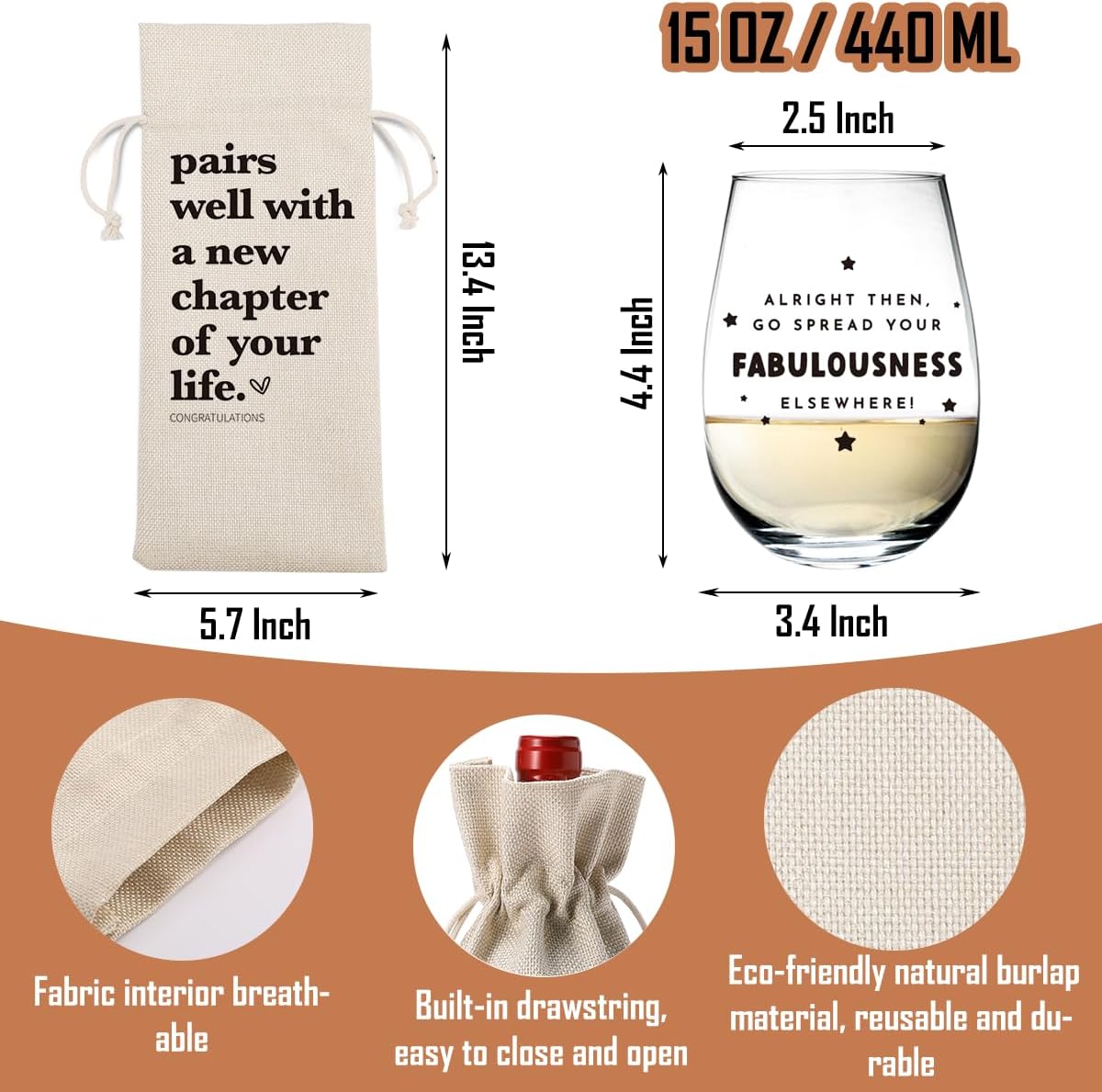 New Chapter Wine Bag Glass Set - Farewell & New Beginnings Gifts for Women & Men - Reusable Burlap & Glass - Modern Style - 5.6'' x 12.9'' - Wine Glass Set