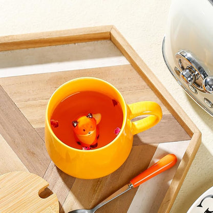 Fox Mugs with 3D Fox Inside, Ceramic Coffee Mug with Lid & Spoon - 13.5oz - Variation: Fox