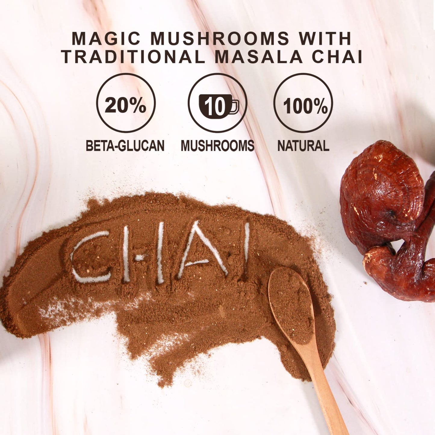 Mushroom Chai - 40 Servings, 10 Mushrooms Extract Powder with Masala Chai - Coffee Alternative, 120g