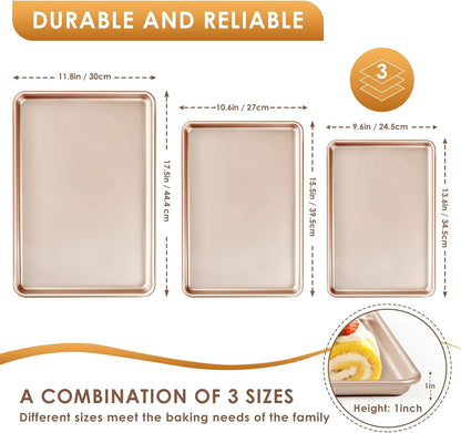 Skiennix Baking Sheet Pan Set of 3 - Nonstick Heavy Duty Cookie Sheets | Easy Clean Rose Gold