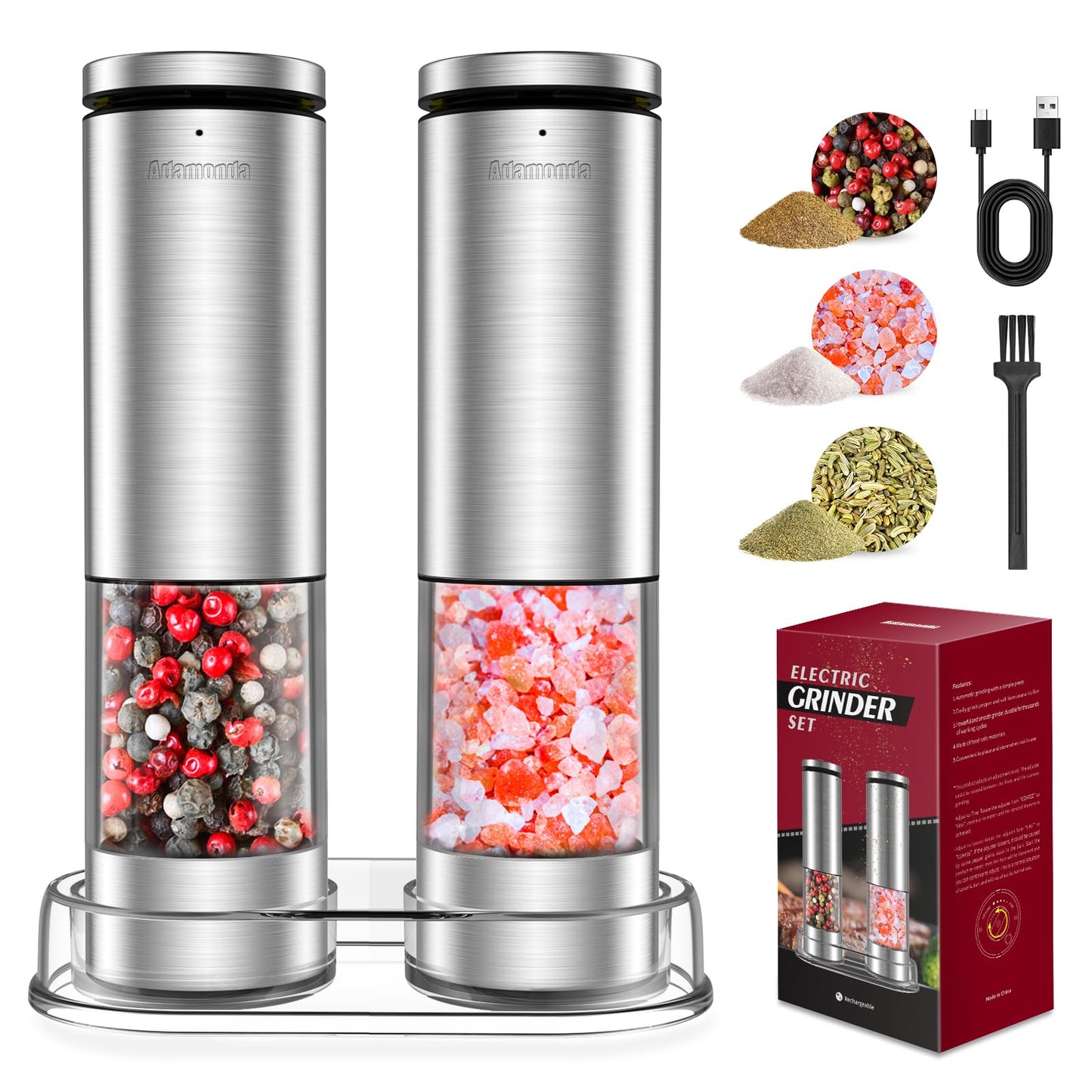 Stainless Steel Rechargeable Lighted Electric Salt and Pepper Grinder Set with Adjustable Coarseness,One Hand Operation Automatic Salt and Pepper Mill Grinder Shakers,2 Packs
