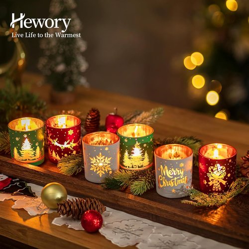 Hewory Christmas Votive Candle Holders - Set of 6 Cylinder Glass Tea Light Holders for Holiday Decor