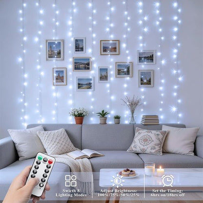 JMEXSUSS 200 LED Fairy Curtain Lights - Battery Operated & USB Plug-In | 8 Modes, Waterproof for Wedding & Party Decor, White