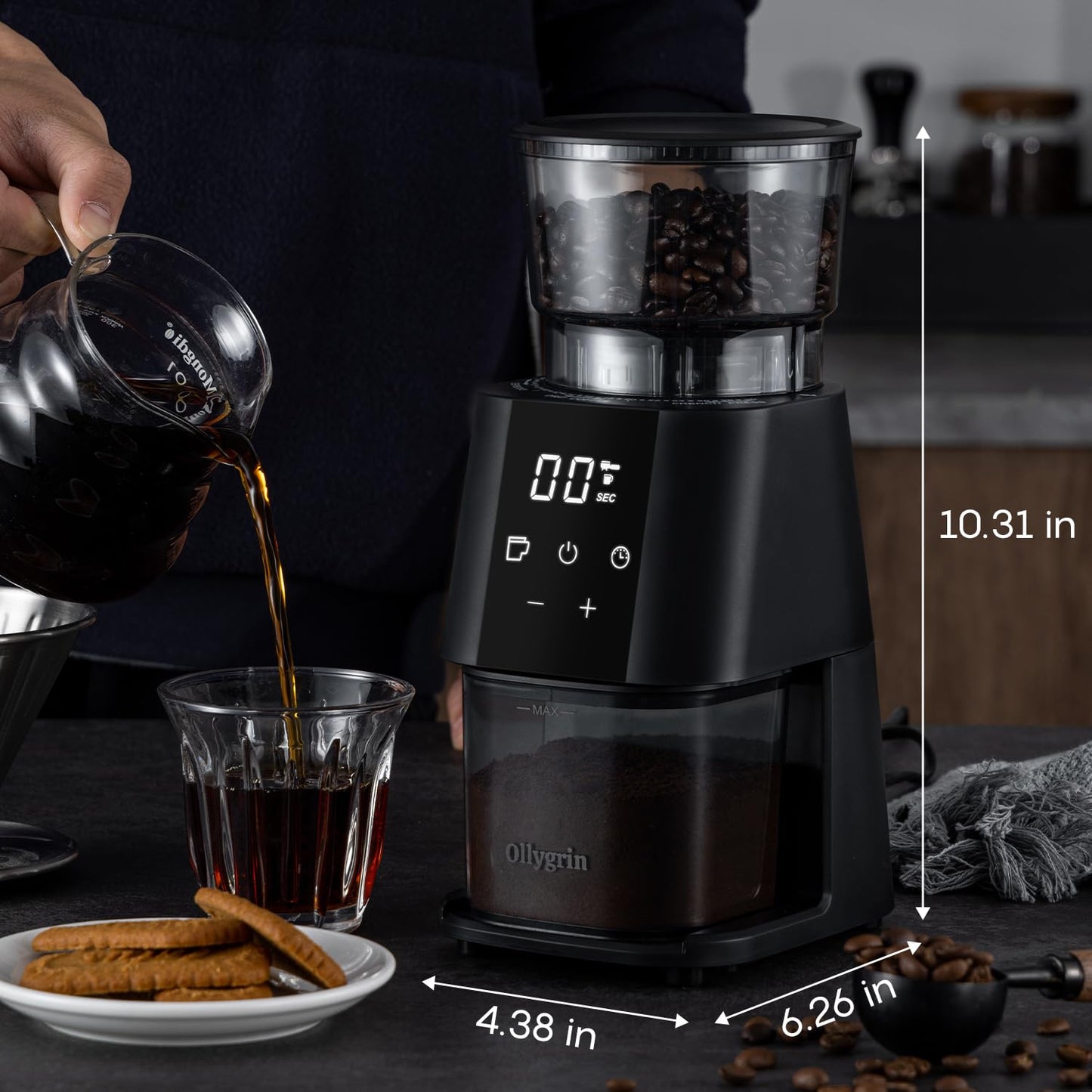 Ollygrin Conical Burr Coffee Grinder Electric Coffee Bean Grinder with Digital Timer 30 Precise Grind Settings Adjustable Burr Mill Grinder for 2-12 Cups Espresso Drip and French Press