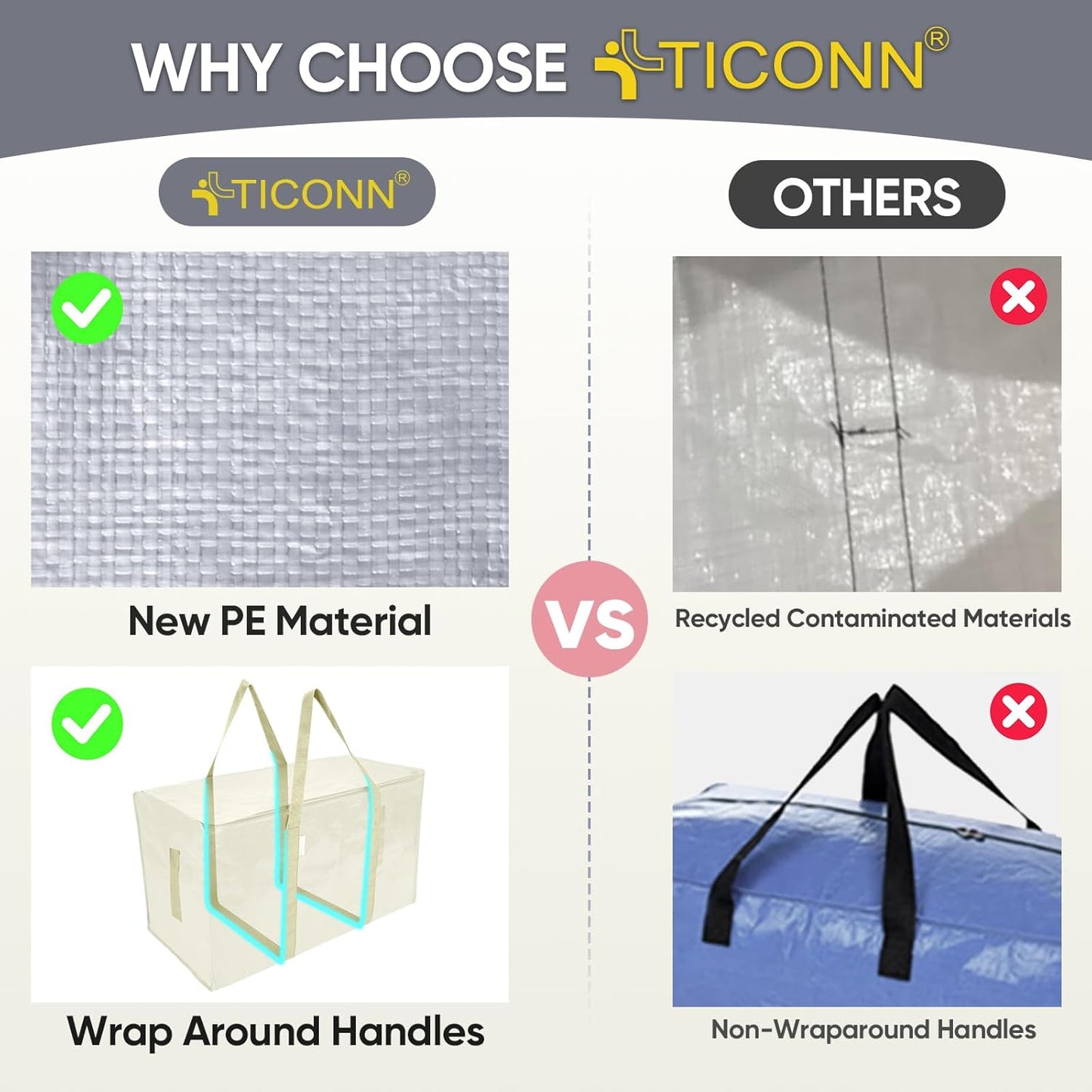 TICONN Extra Large Moving Bags - Heavy Duty Storage with Zippers & Handles | 4 Pack, Cream