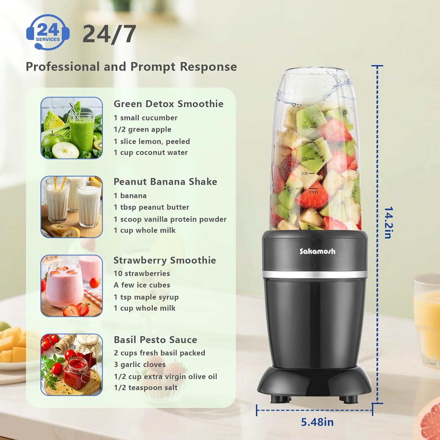 SAKAMOSH 1200W Personal Blender - 12-Piece Portable Combo with 6-Fin Blades & 2 To-Go Cups for Smoothies, Juices & More