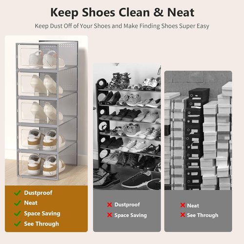 Kuject Shoe Storage Box - Large Stackable Organizer for Closet | 12 Pack Grey, Space-Saving Design