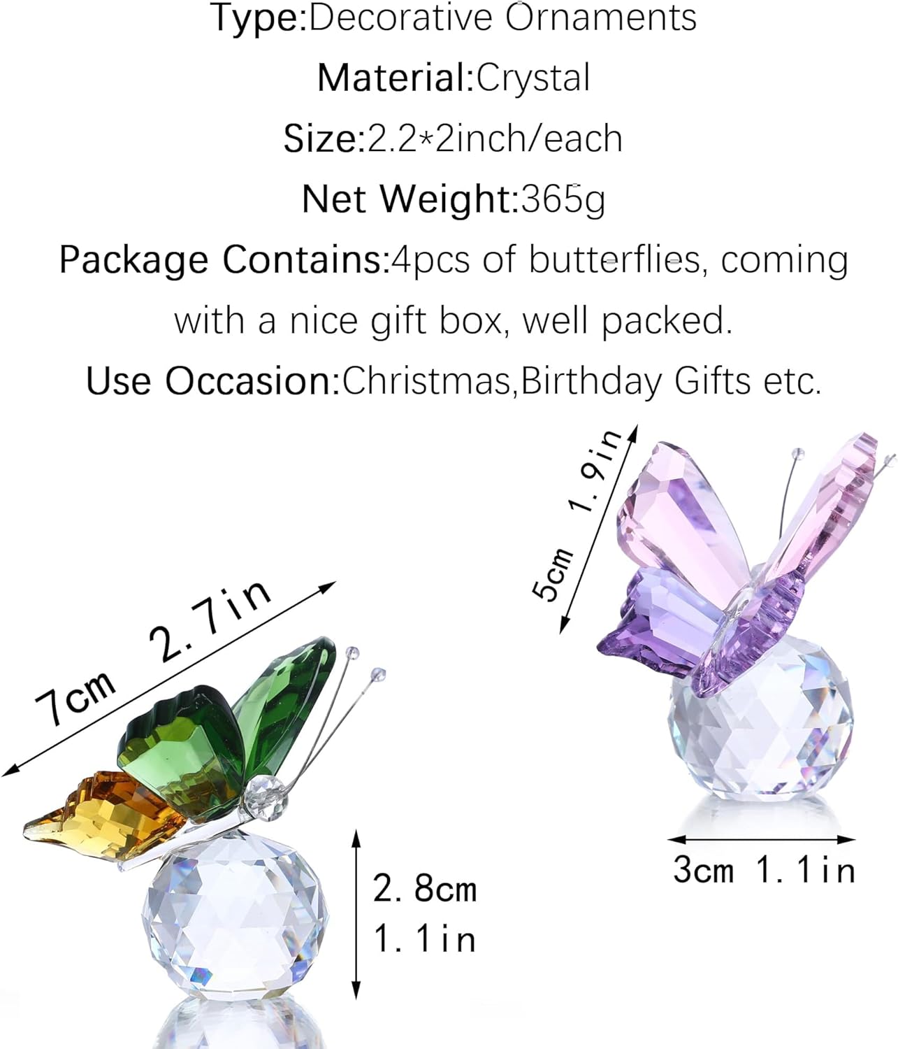 Skiennix Crystal Butterfly Figurines - Pack of 4 Decorative Glass Butterflies | Perfect Christmas Gifts for Women (2.2 x 2 Inch)