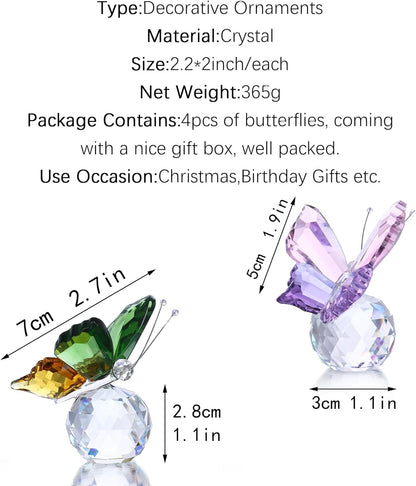 Skiennix Crystal Butterfly Figurines - Pack of 4 Decorative Glass Butterflies | Perfect Christmas Gifts for Women (2.2 x 2 Inch)
