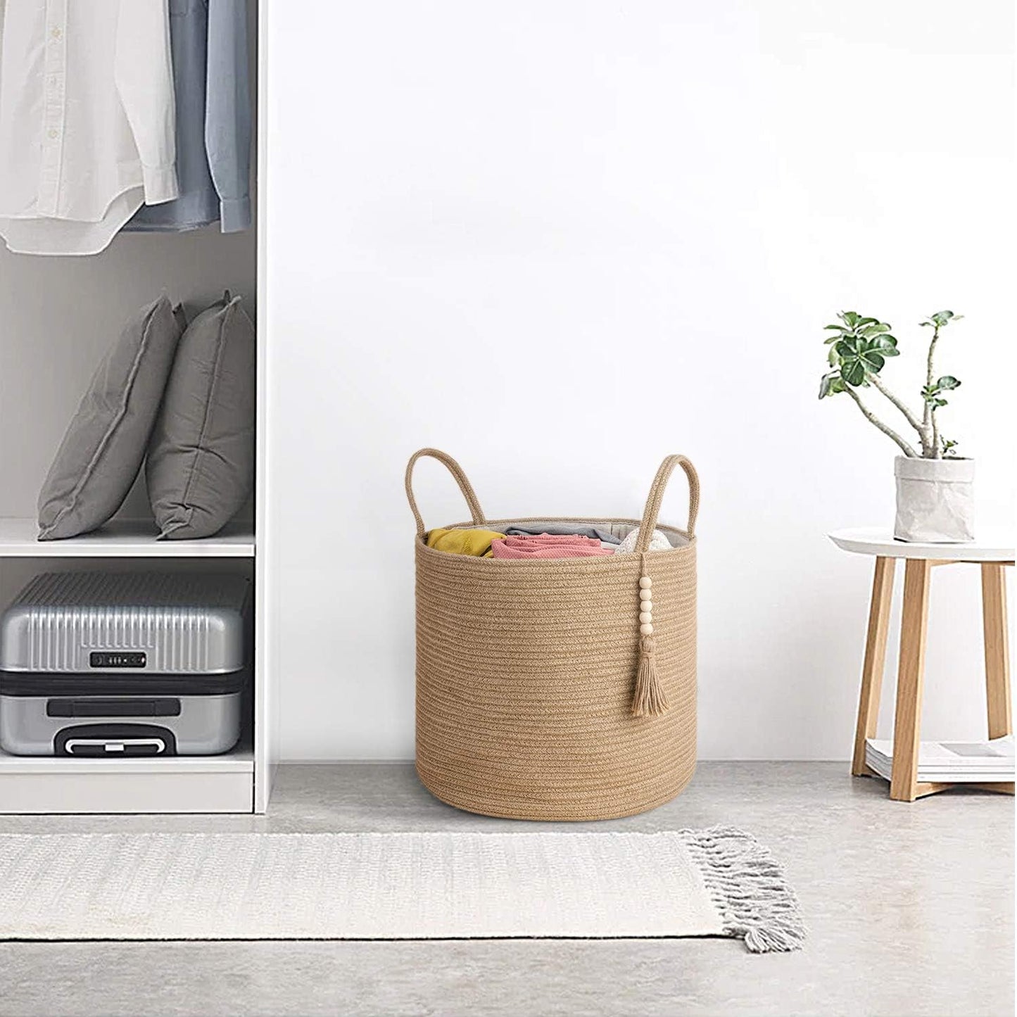 Mkono Woven Storage Basket - Decorative Natural Rope Organizer Bin with Wooden Bead Accents | 16" W × 13.8" L