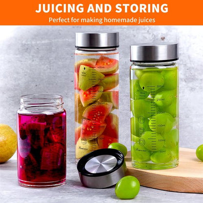 Glass Juice Bottles 4 Pack 16 oz - Wide Mouth Glass Water Bottles with Lids - for Juicing, Protein, Smoothie, Milk, Reusable, BPA Free, Stainless Steel Lids, Blender, Shaker Bottle (16oz/500ml)