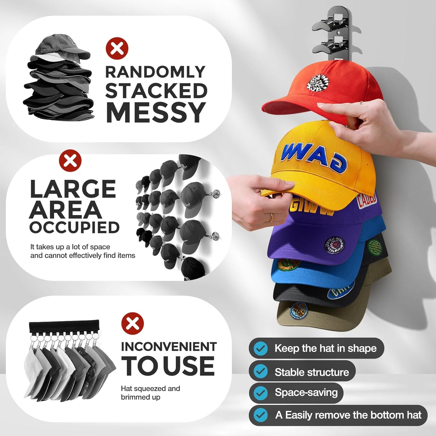 Skiennix Hat Organizer - Wall-Mounted Rack for Up to 20 Baseball Caps | Strong Adhesive & Screws - Black