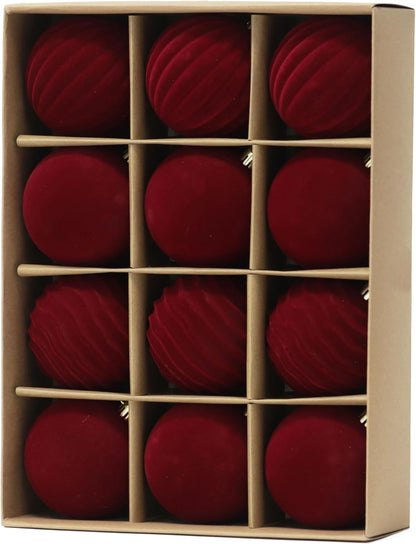 Senjie Burgundy Velvet Christmas Ornaments - 12PCS Flocked Plastic Balls for Tree Decoration